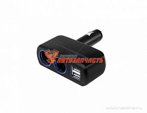 Разветвитель прикуривателя для 2-х устройств + 2USB 3А, 12В/24В 10A/120Вт, подсветка